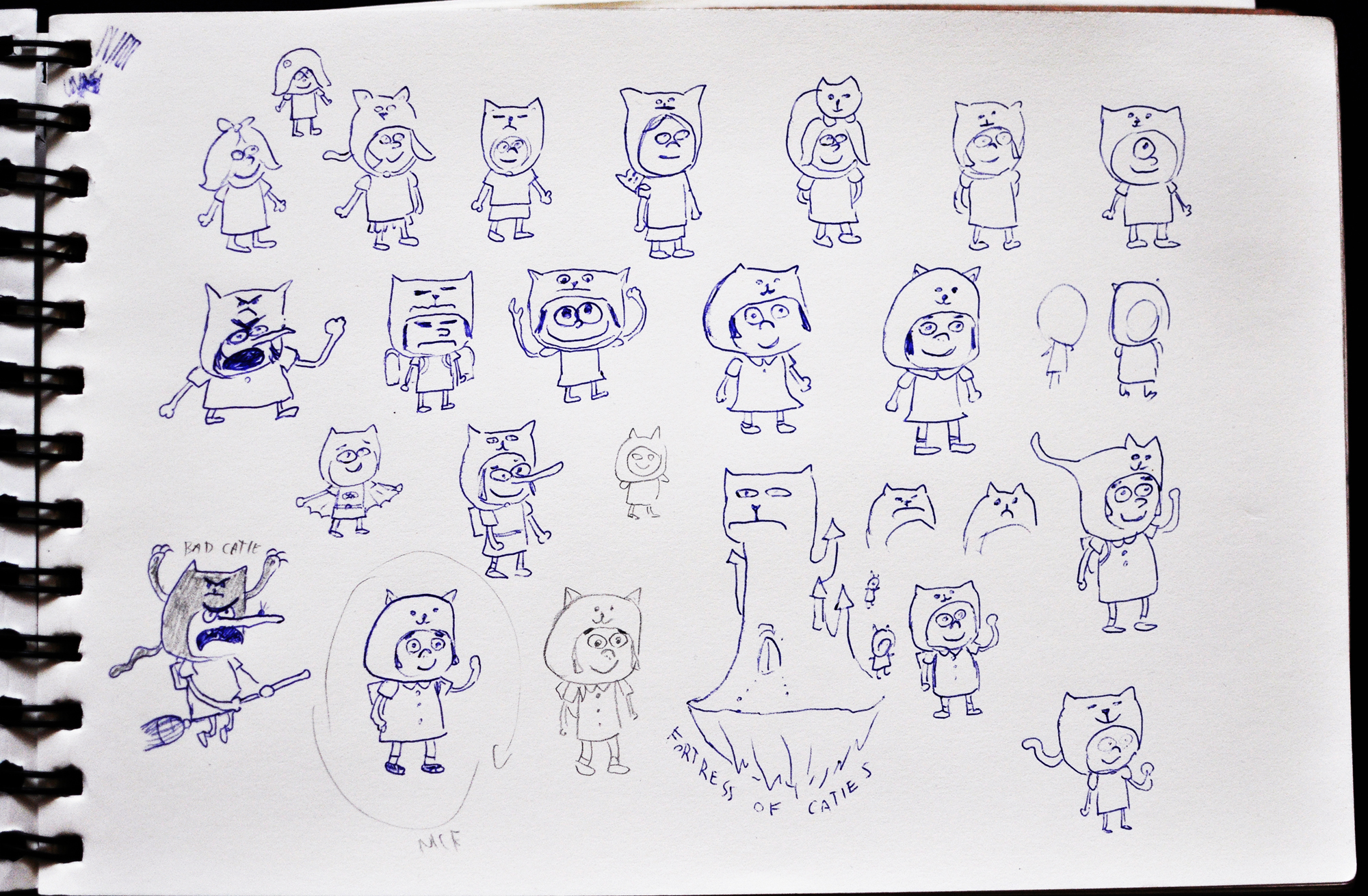 Catie in MeowmeowLand - Drawing and sketches of Catie as a main character of point-and-click adventure indie game