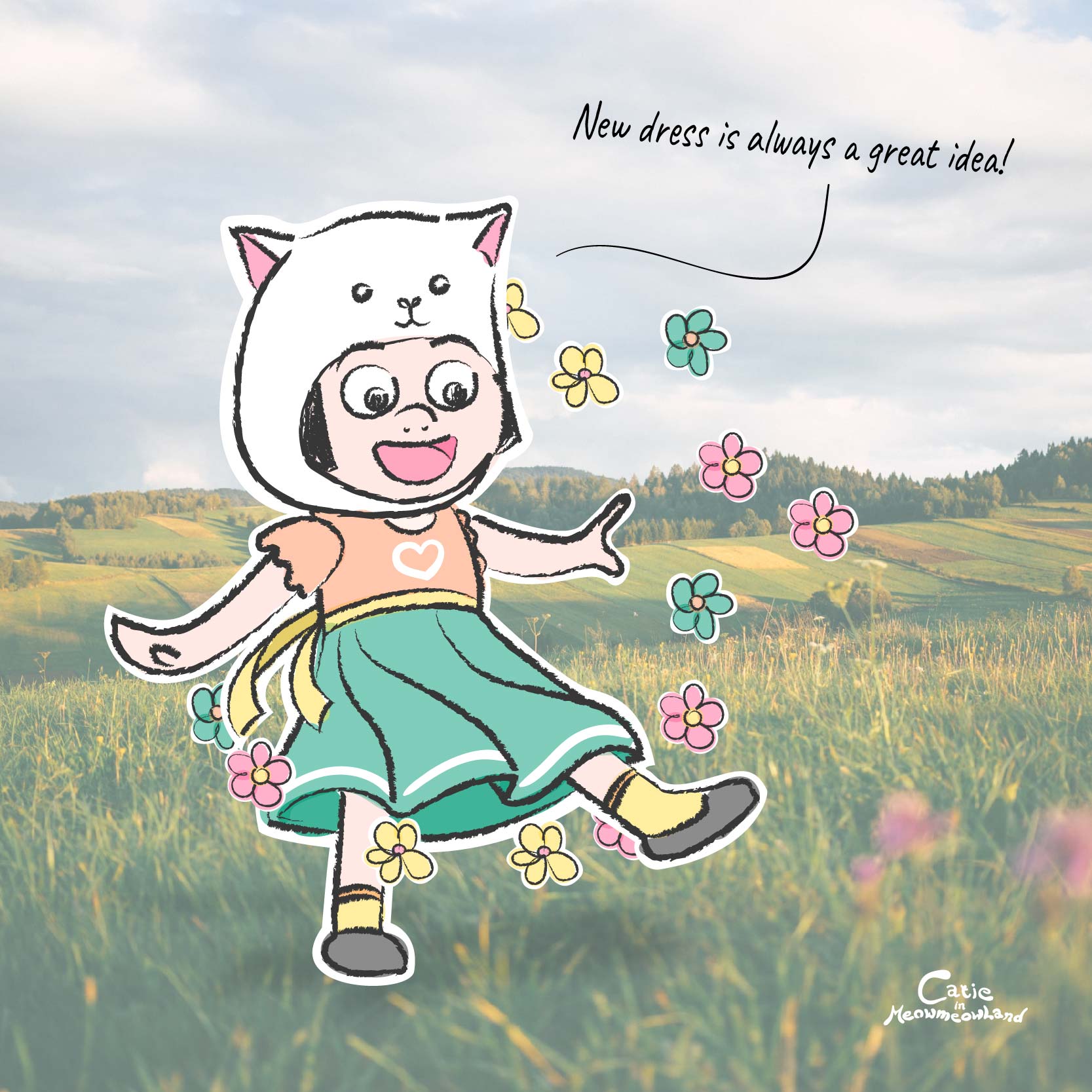 Catie in MeowmeowLand - Doodle illustration - New dress