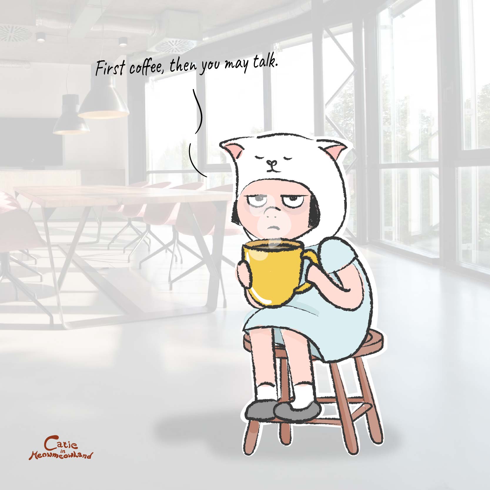 Catie in MeowmeowLand - Doodle illustration - Coffee